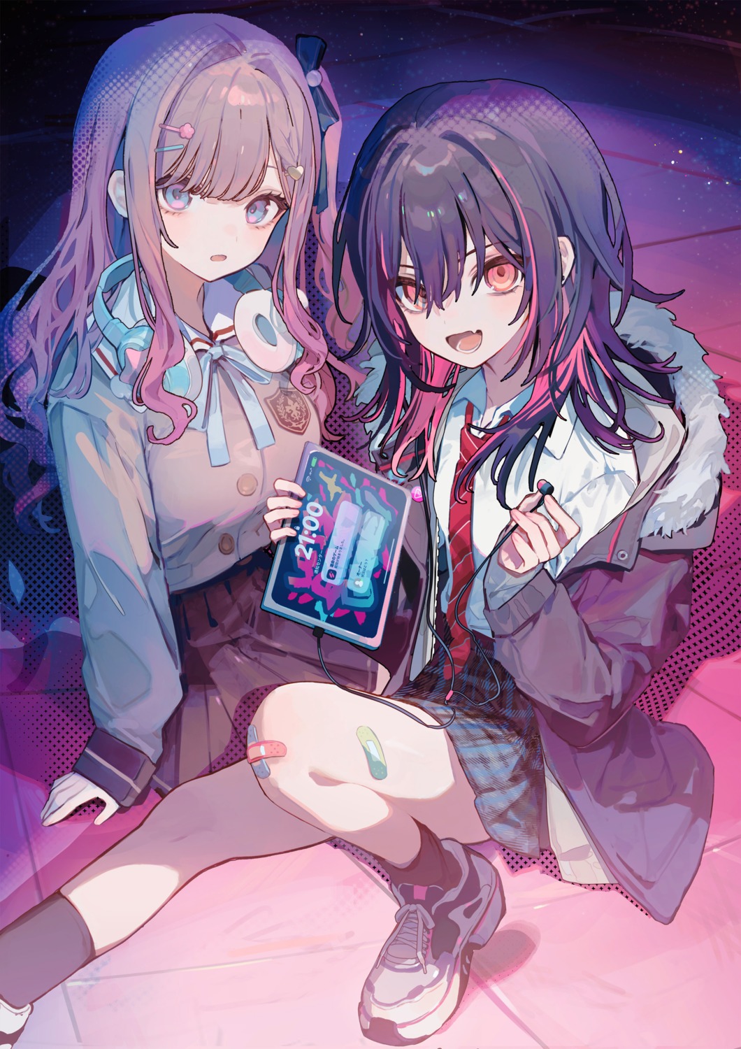 bandaid, game_master_hitoyagi_nanae_ni_tamesareru, headphones, hitoyagi_nanae, kouketsu_maria, nezi_(fevercell), seifuku, skirt_lift