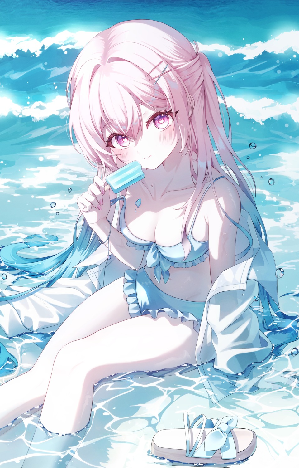 bikini, cream, dress_shirt, hoyo_illust, open_shirt, see_through, swimsuits, wet