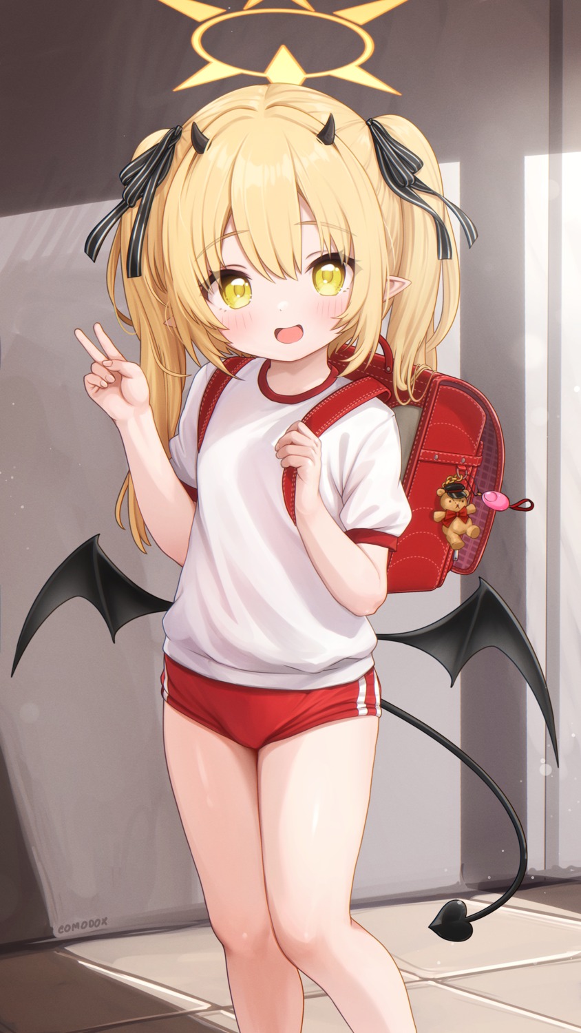 blue_archive, buruma, comodomodo, devil, gym_uniform, halo, horns, pointy_ears, tail, tanga_ibuki, wings