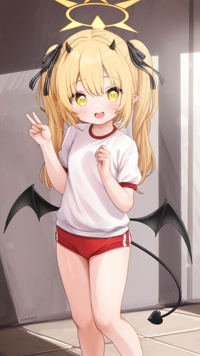 blue_archive, buruma, comodomodo, devil, gym_uniform, halo, horns, pointy_ears