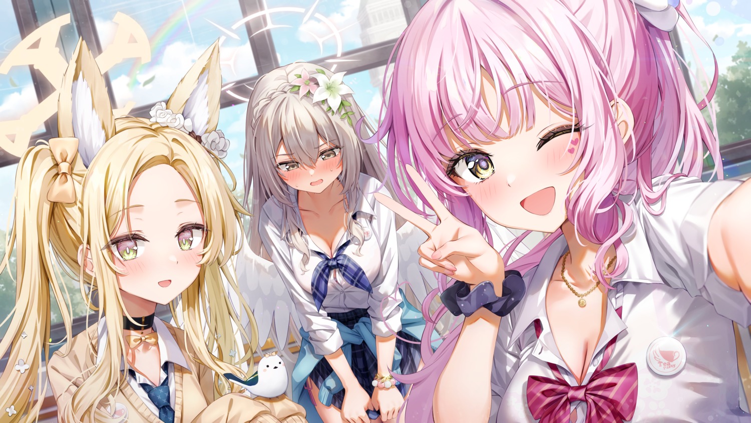 angel, animal_ears, blue_archive, bra, cleavage, halo, kirifuji_nagisa, kitsune, kuria_(clear_trip_second), misono_mika, open_shirt, pantsu, see_through, seifuku, selfie, string_panties, sweater, tattoo, wings, yurizono_seia