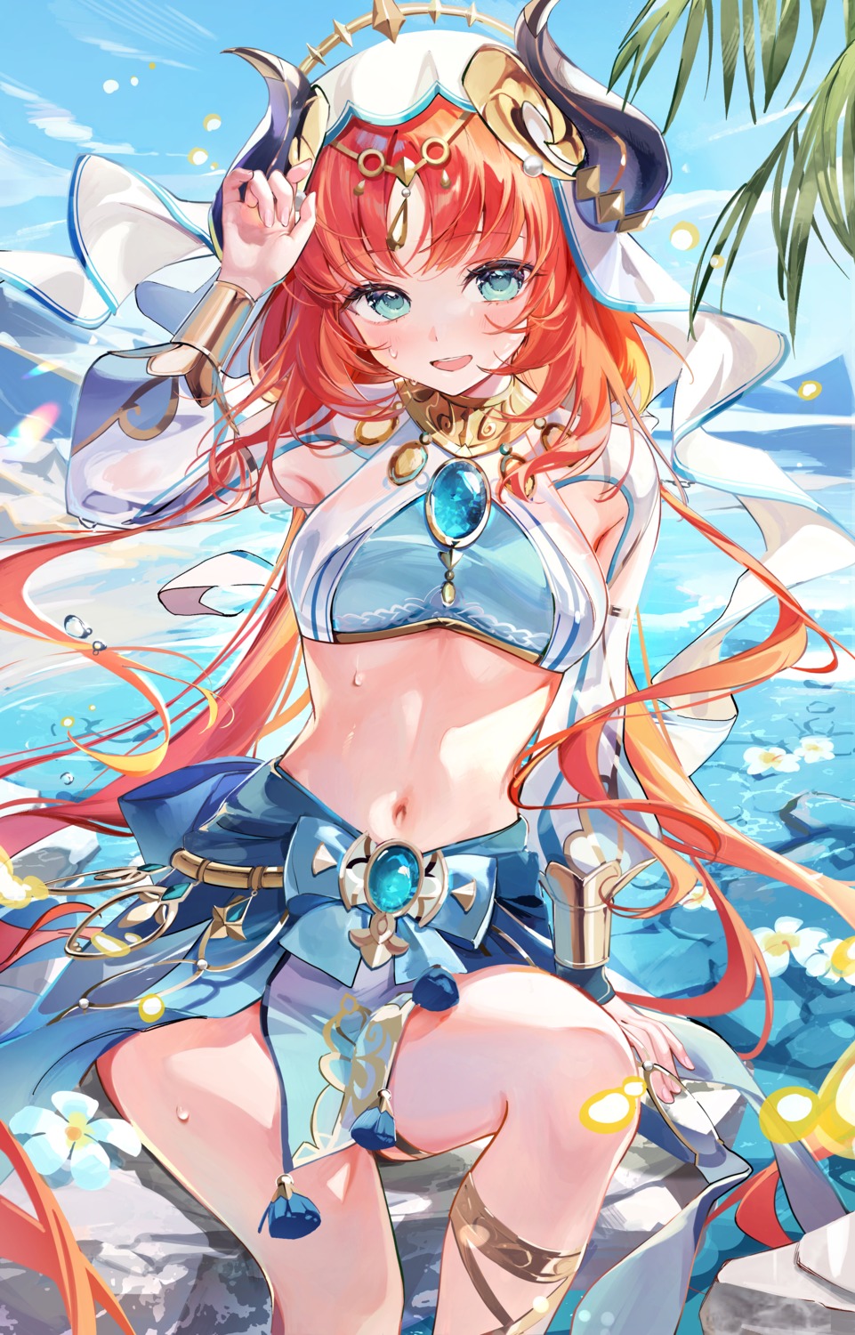 ame_929, garter, genshin_impact, horns, nilou, see_through, wet, wet_clothes