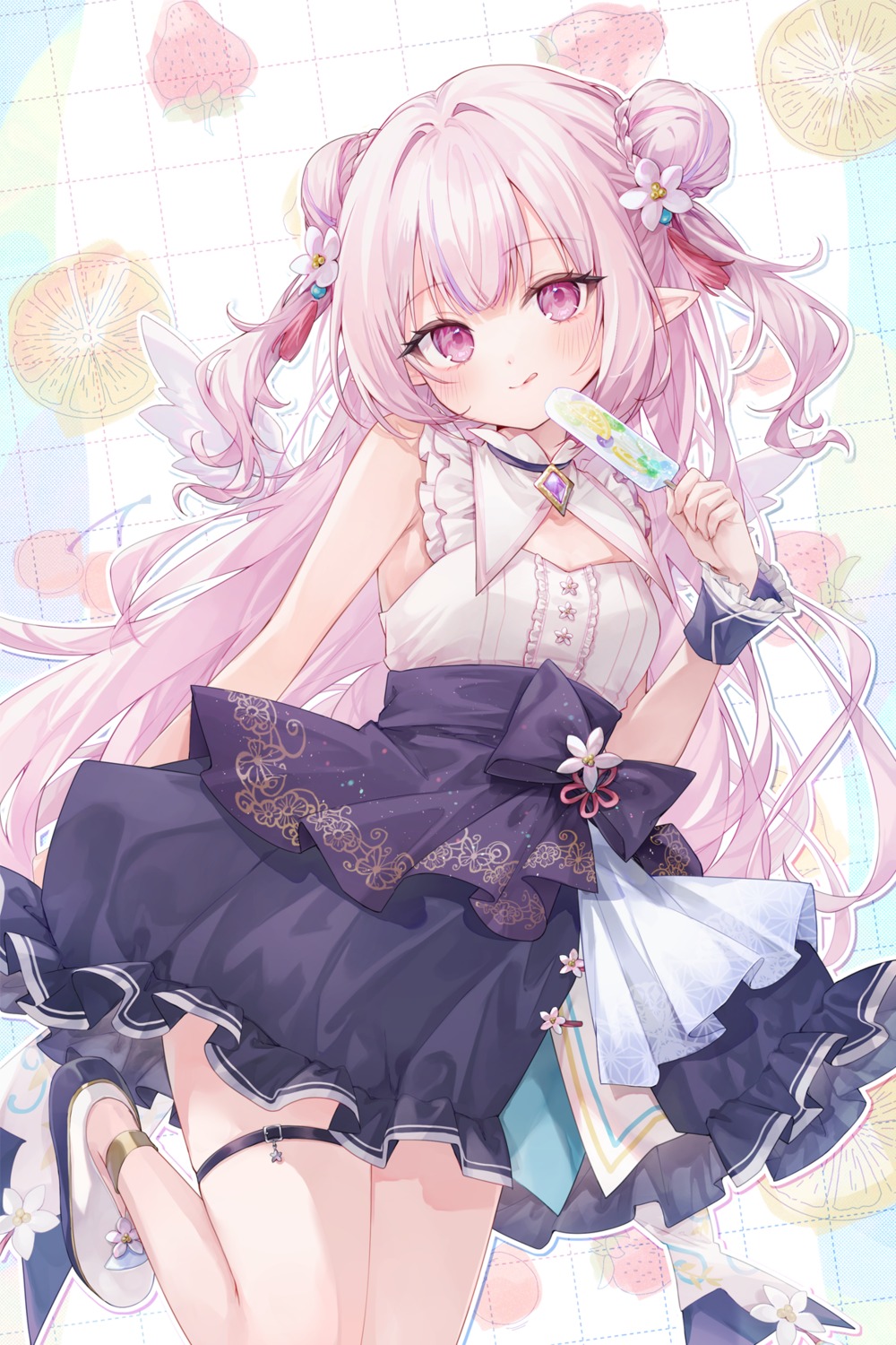 chucolala, garter, heels, mashiro_kanon, no_bra, pointy_ears, skirt_lift, ukishizumi