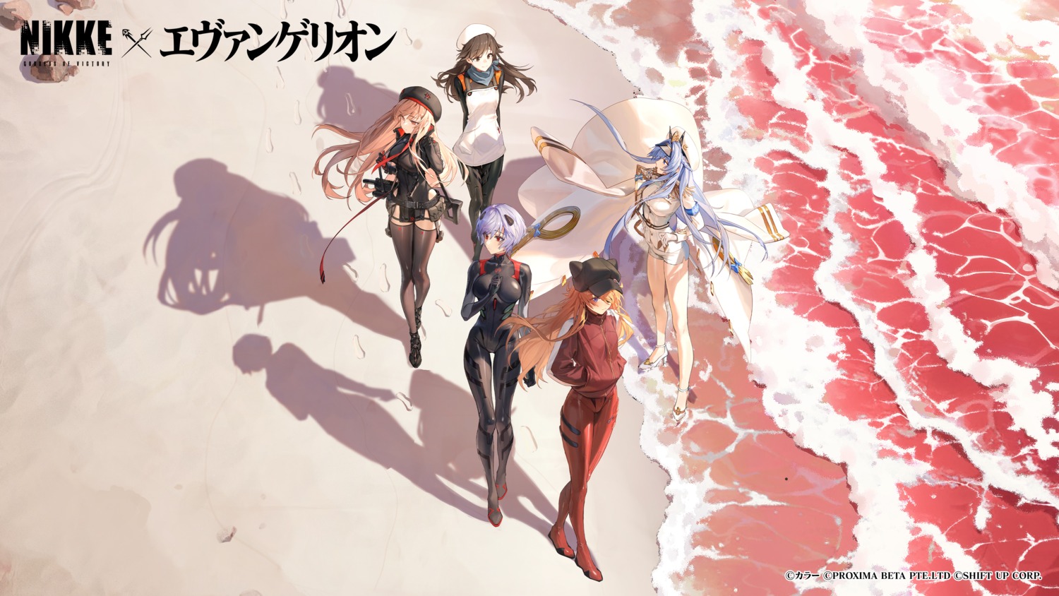 animal_ears, ayanami_rei, bodysuit, crossover, eyepatch, goddess_of_victory:_nikke, gun, heels