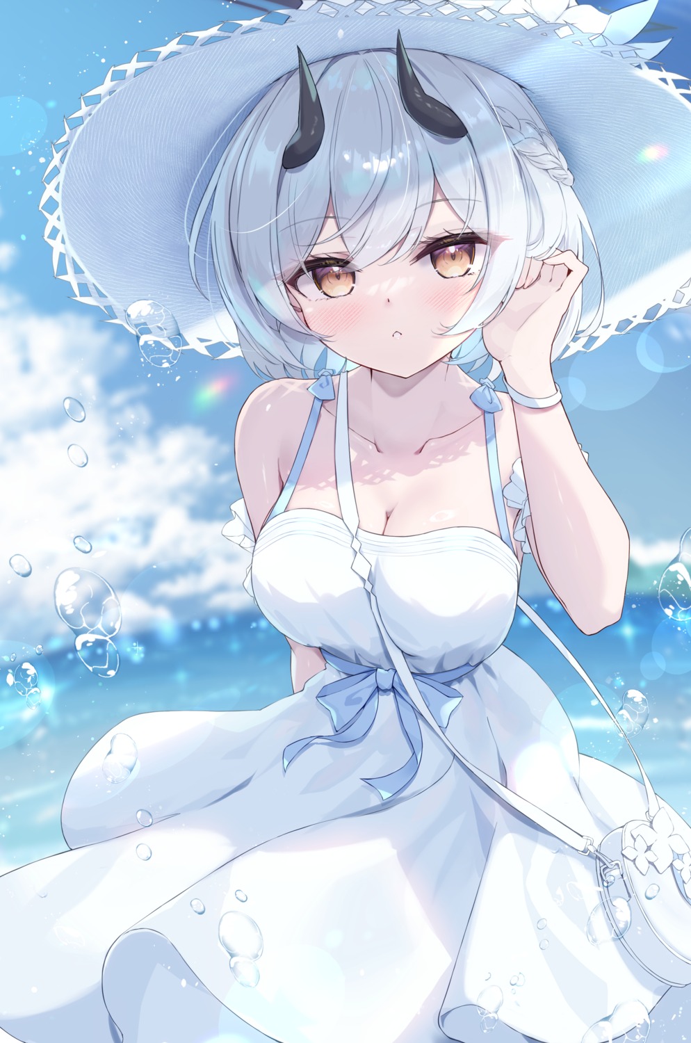 blue_archive, dress, halo, himuro_sena, horns, mikaze_maruto, no_bra, skirt_lift