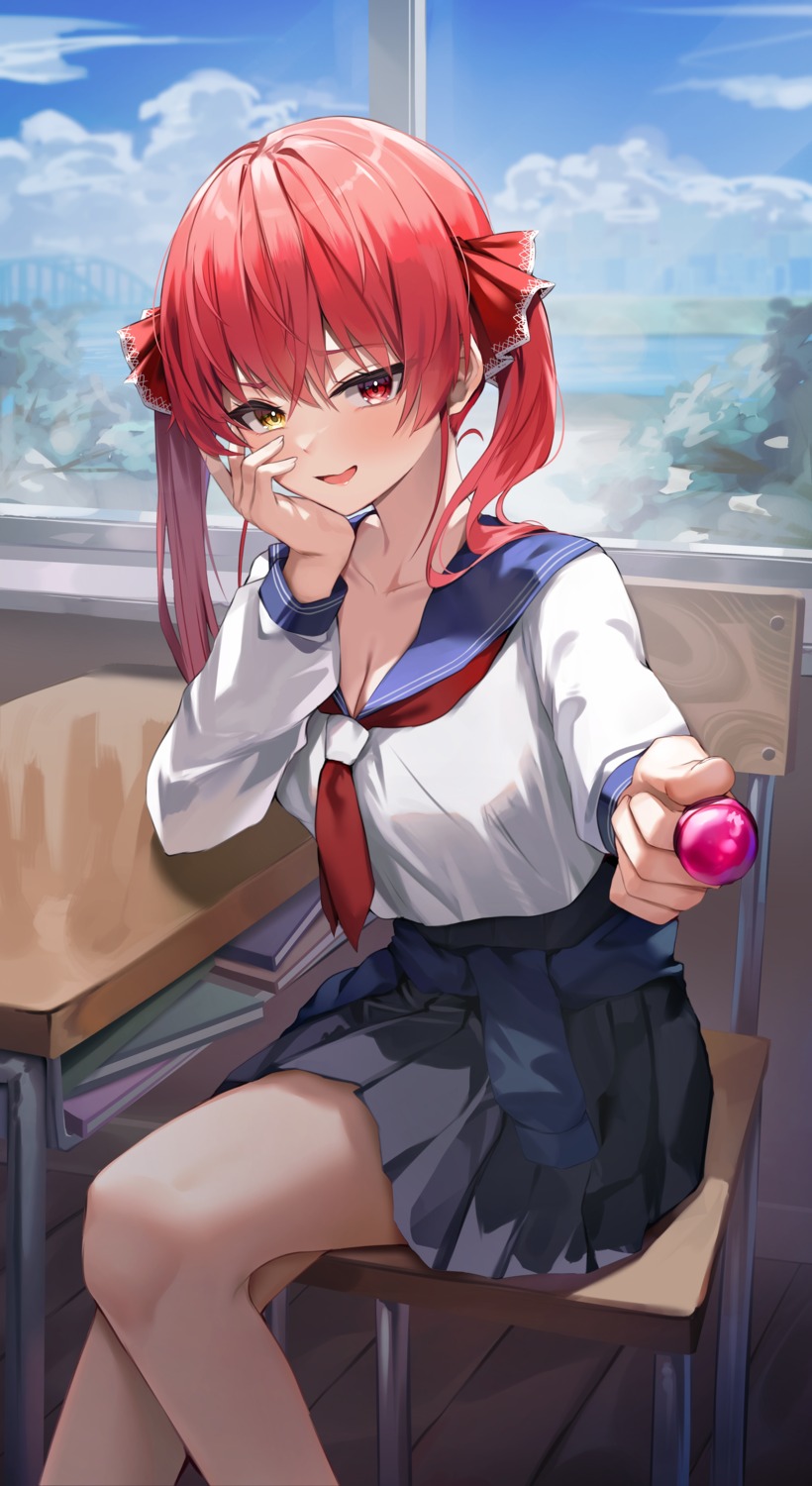 cleavage, heterochromia, hololive, houshou_marine, seifuku, shuvi_(shuvi1125), skirt_lift, sweater