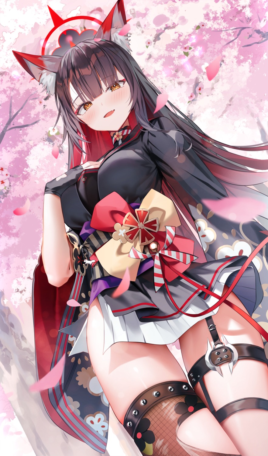 animal_ears, blue_archive, fishnets, garter, halo, japanese_clothes, kitsune, kosaka_wakamo, seifuku, shuvi_(shuvi1125), skirt_lift, thighhighs, torn_clothes