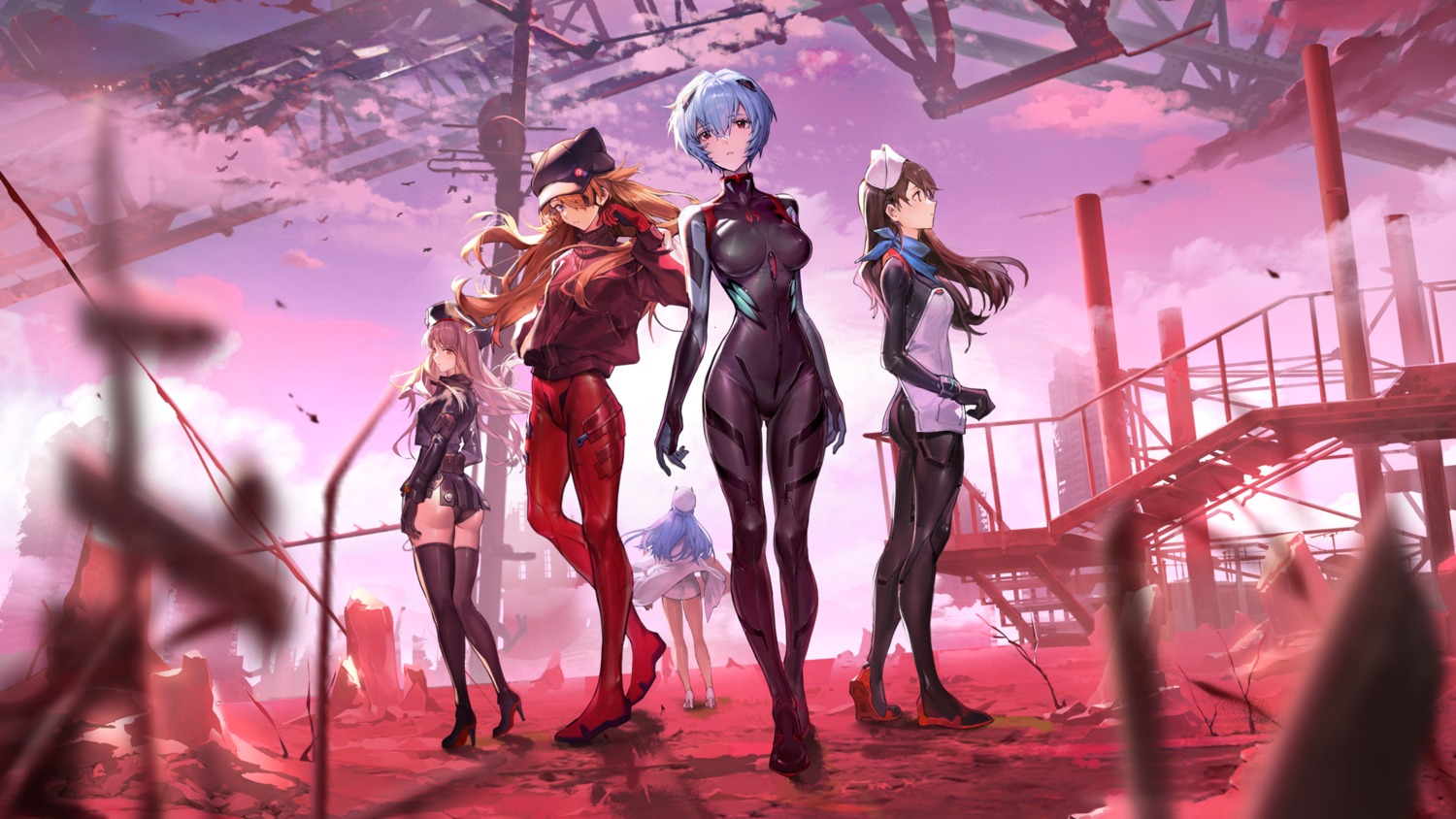 animal_ears, ayanami_rei, bodysuit, crossover, detexted, eyepatch, goddess_of_victory:_nikke, heels
