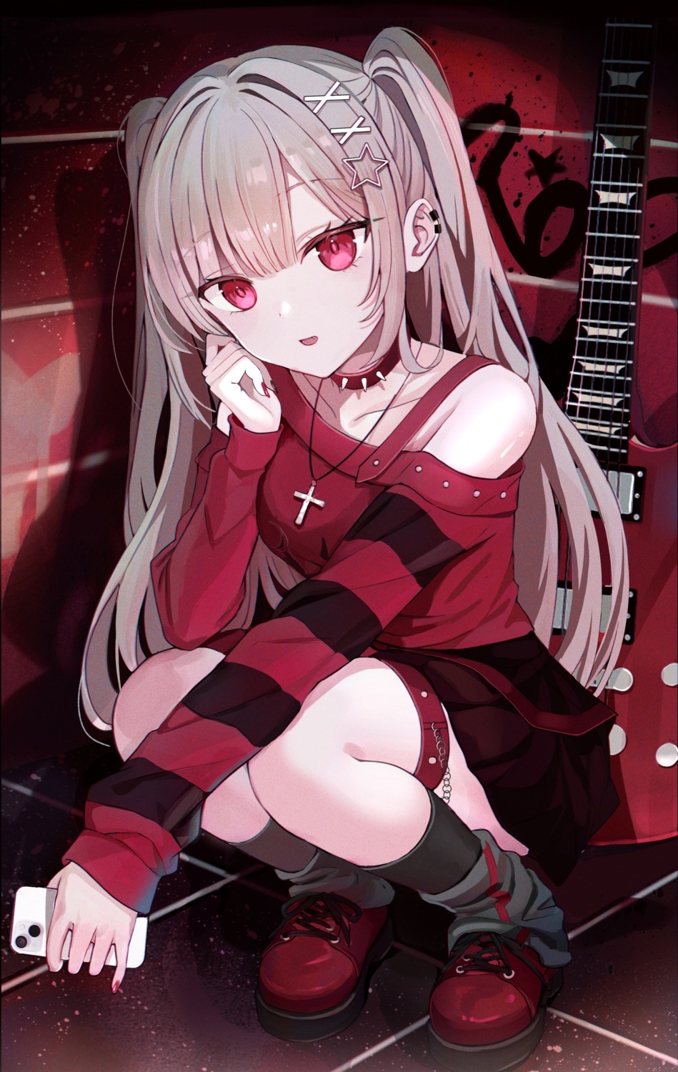 garter, guitar, iren, no_bra, skirt_lift