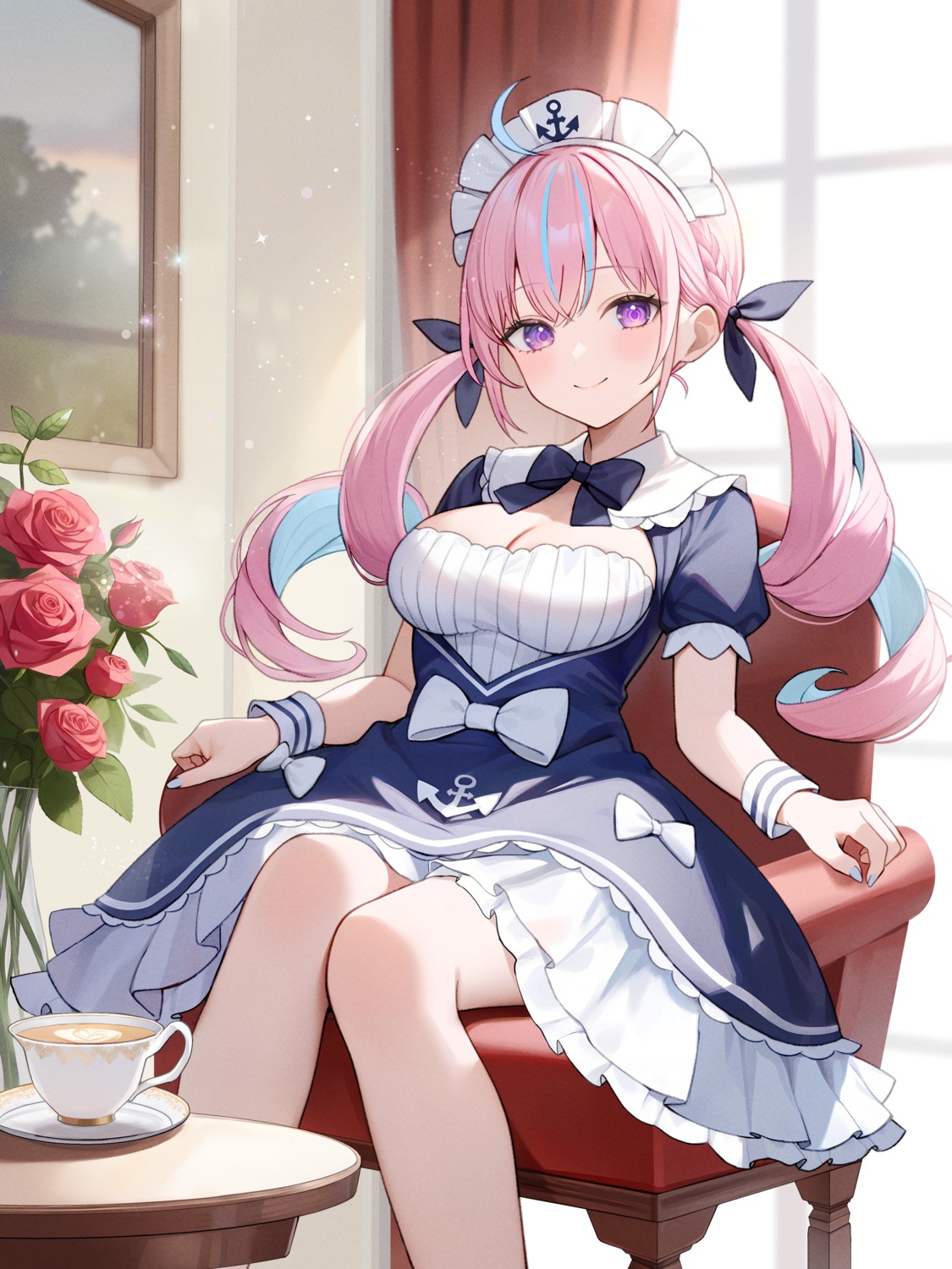 aria_(ariacue), hololive, maid, minato_aqua, no_bra, skirt_lift