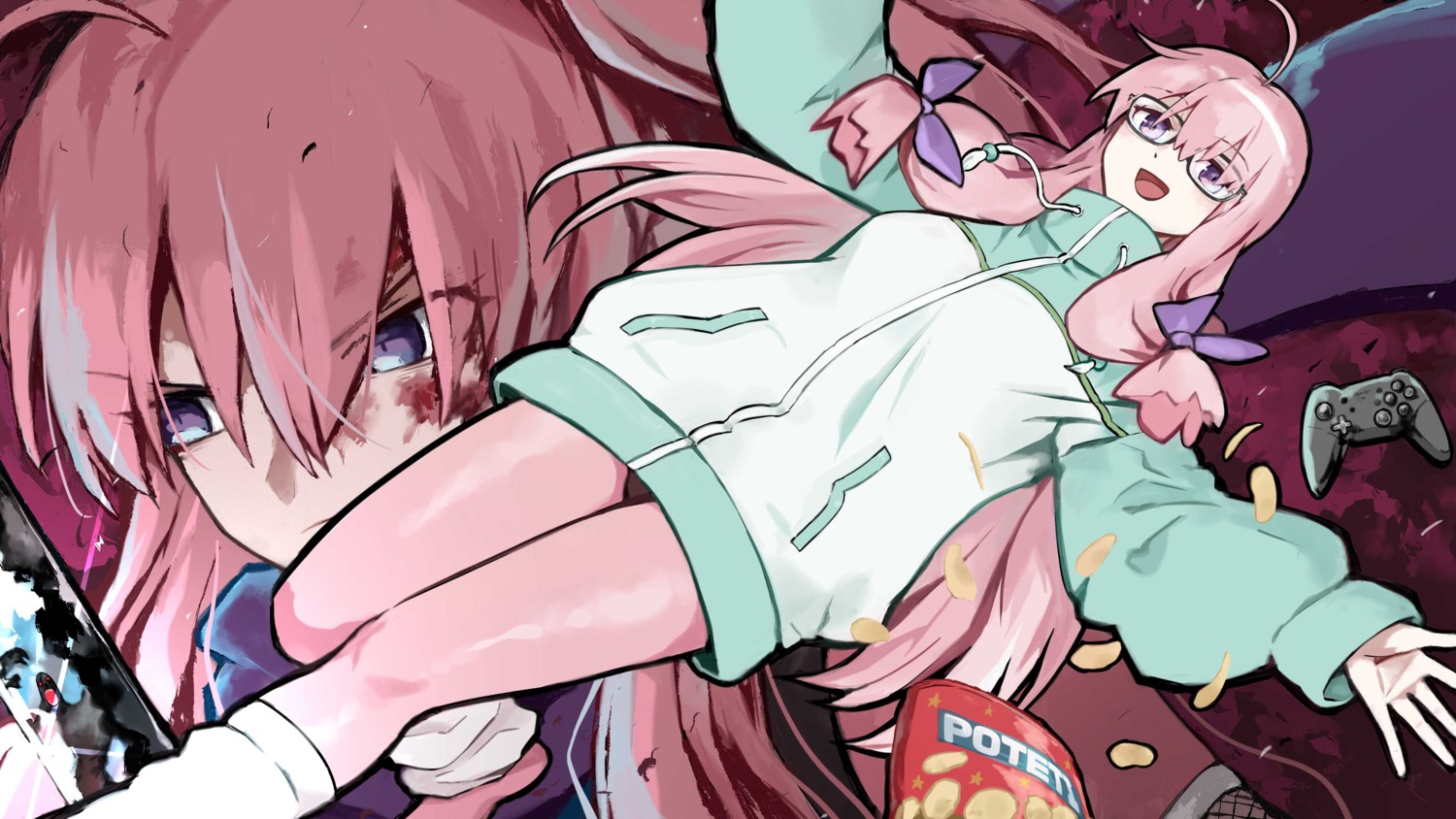 blood, bodysuit, fishnets, gym_uniform, ideura_shizuri, megane, neet_kunoichi_to_nazeka_dousei_hajimemashita, pageratta, sword, wallpaper