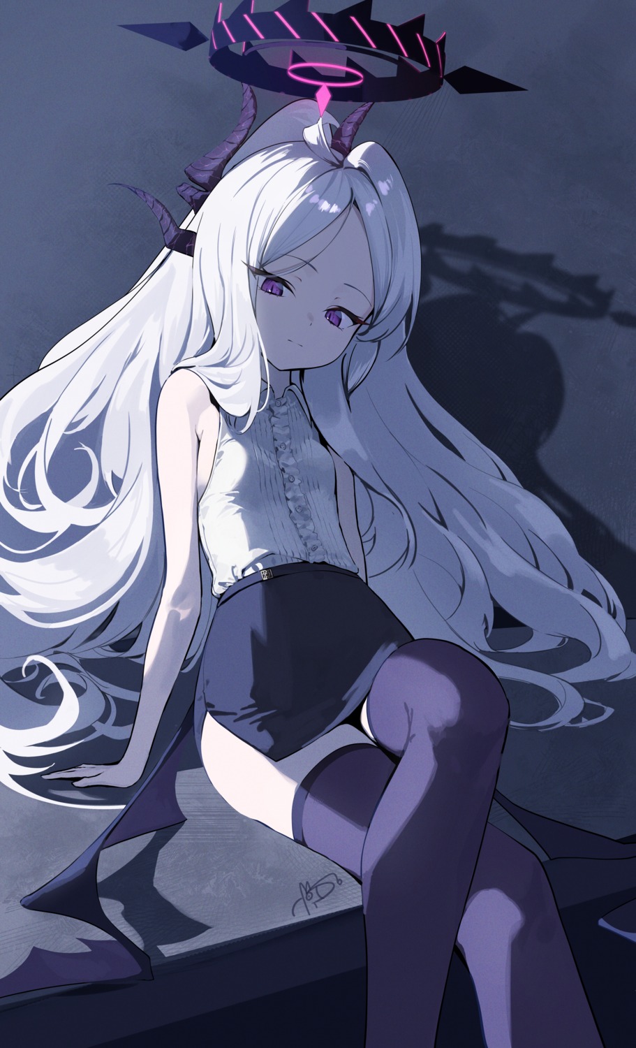 blue_archive, dan_nako, devil, halo, horns, no_bra, skirt_lift, sorasaki_hina, thighhighs, wings