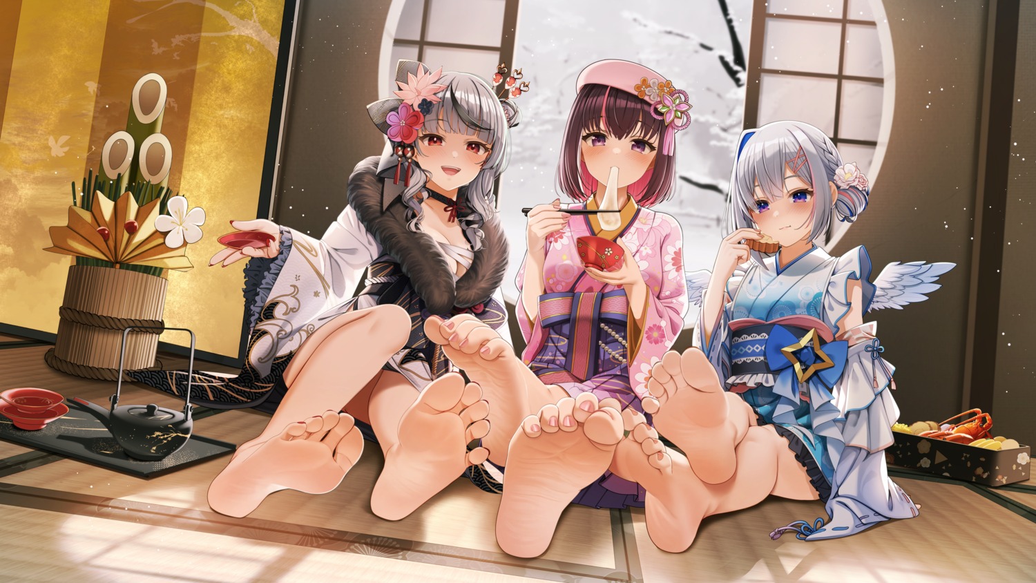 amane_kanata, azki_(hololive), casino_(casinoep), feet, hololive, kimono, open_shirt, sakamata_chloe