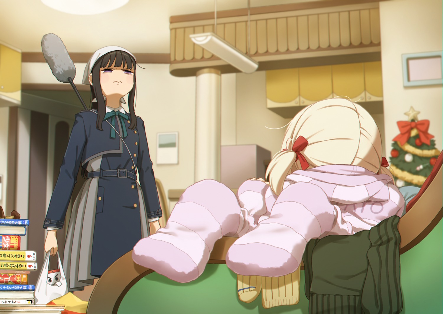 christmas, inoue_takina, lycoris_recoil, mochi_(m0chi0000), nishikigi_chisato, pajama, seifuku