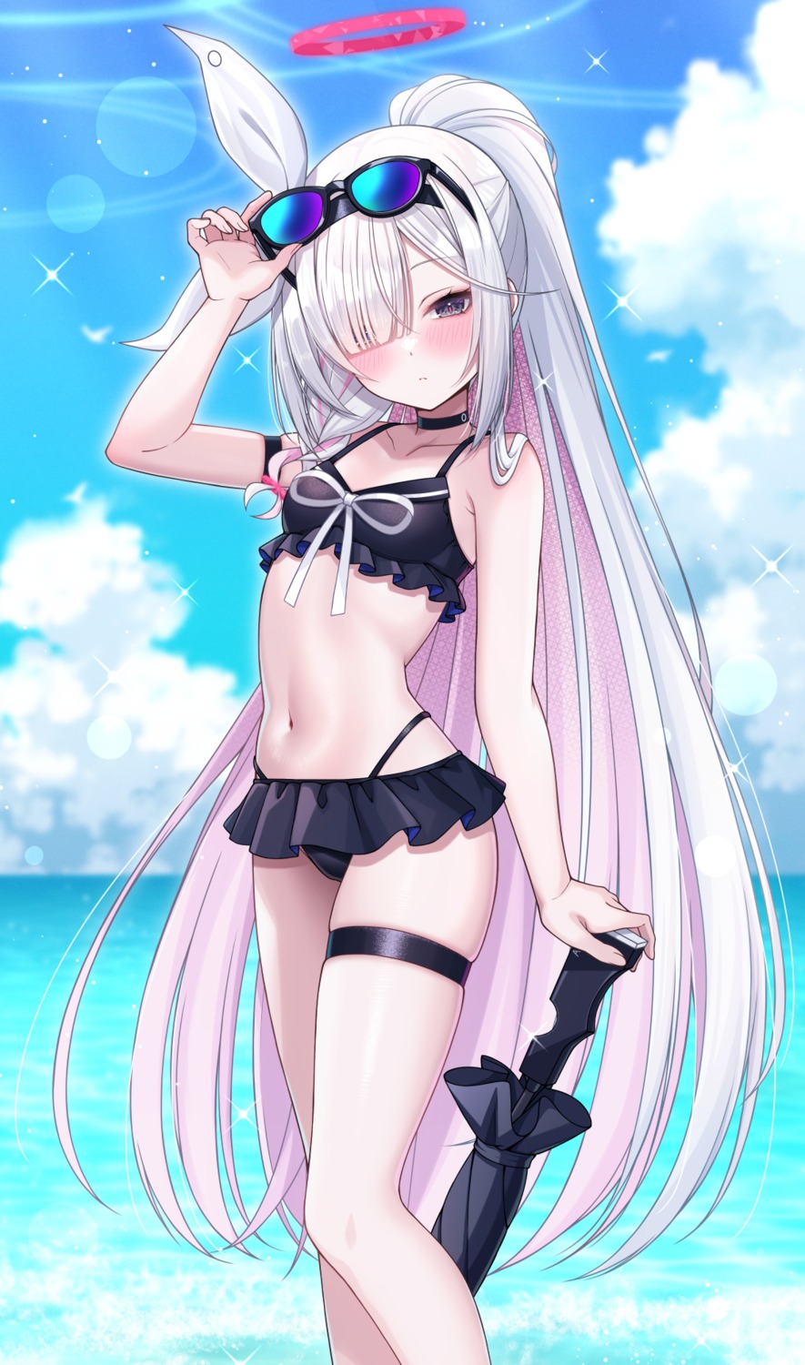 arona_(blue_archive), bikini, blue_archive, fukemachi, garter, gun, halo, megane, plana_(blue_archive), swimsuits, umbrella