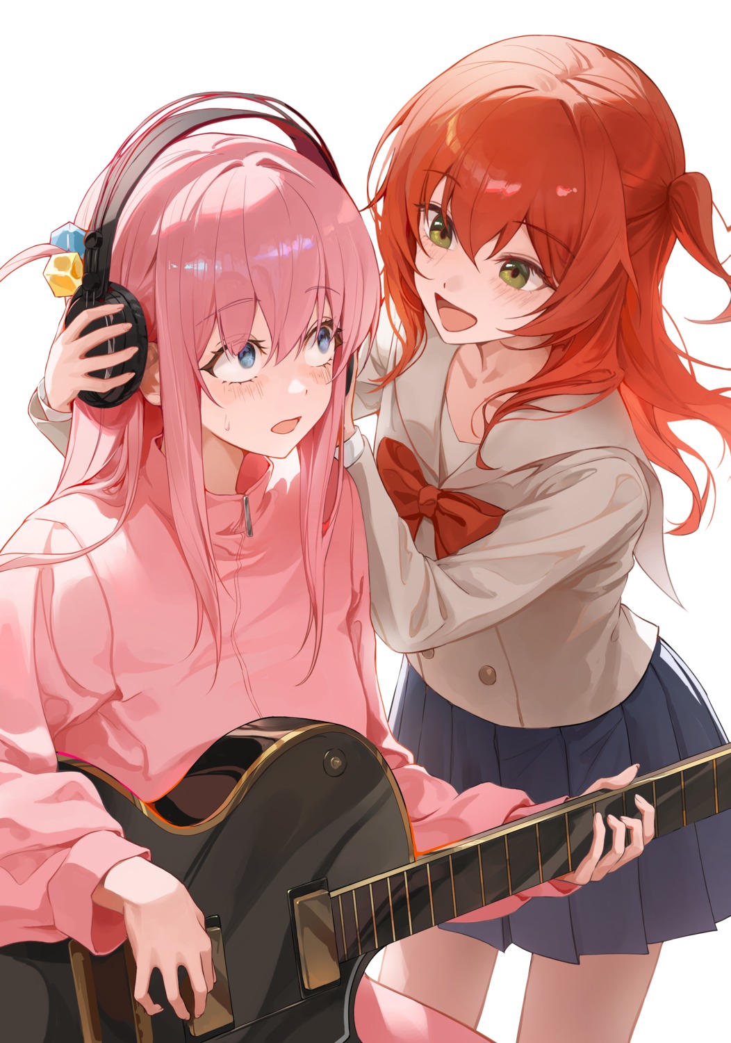 alohayuja, bocchi_the_rock!, gotou_hitori, guitar, gym_uniform, headphones, kita_ikuyo, seifuku