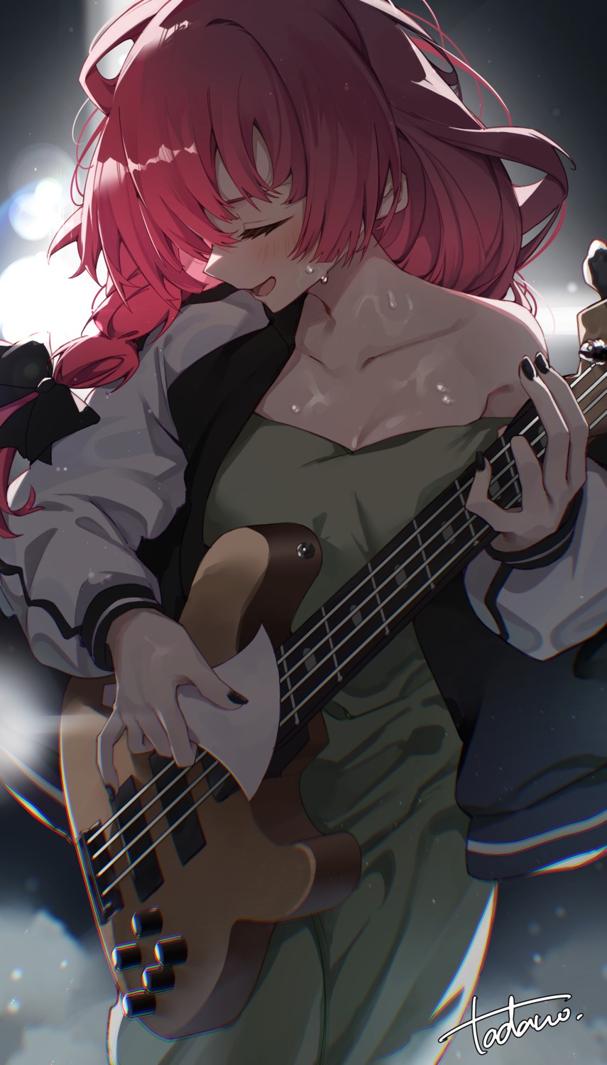 bocchi_the_rock!, dress, guitar, hiroi_kikuri, no_bra, tadano1129, wet
