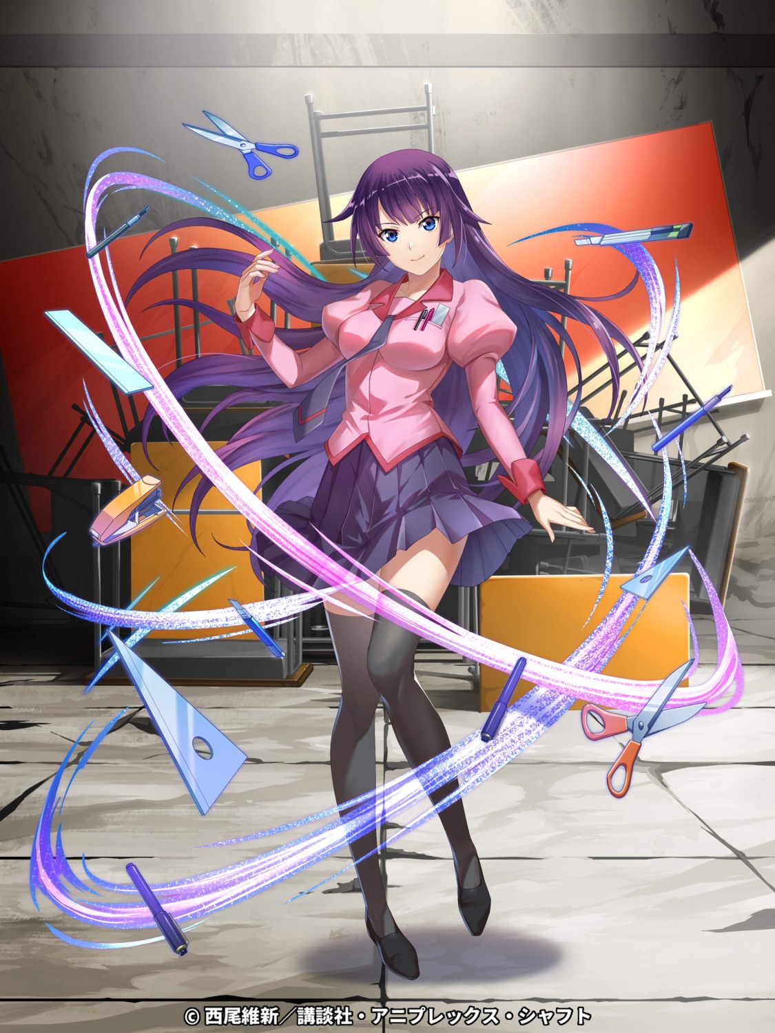 bakemonogatari, heels, monogatari_(series), seifuku, senjougahara_hitagi, skirt_lift, tagme, thighhighs