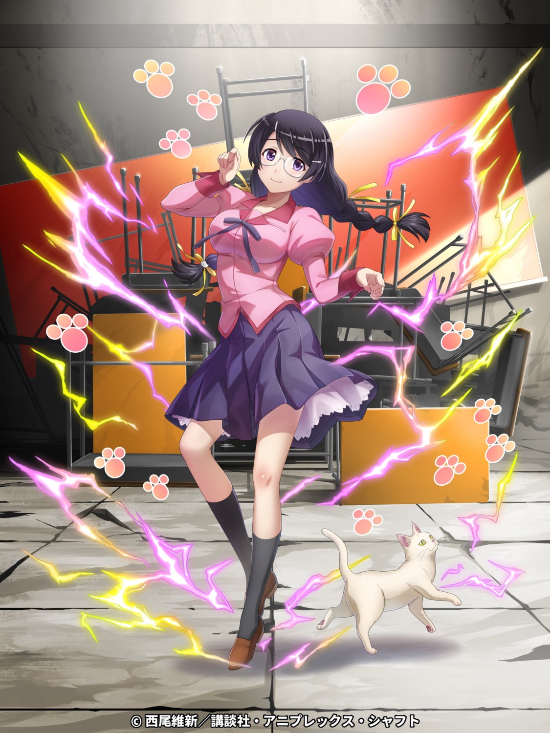 bakemonogatari, hanekawa_tsubasa, megane, monogatari_(series), neko, seifuku, skirt_lift, tagme
