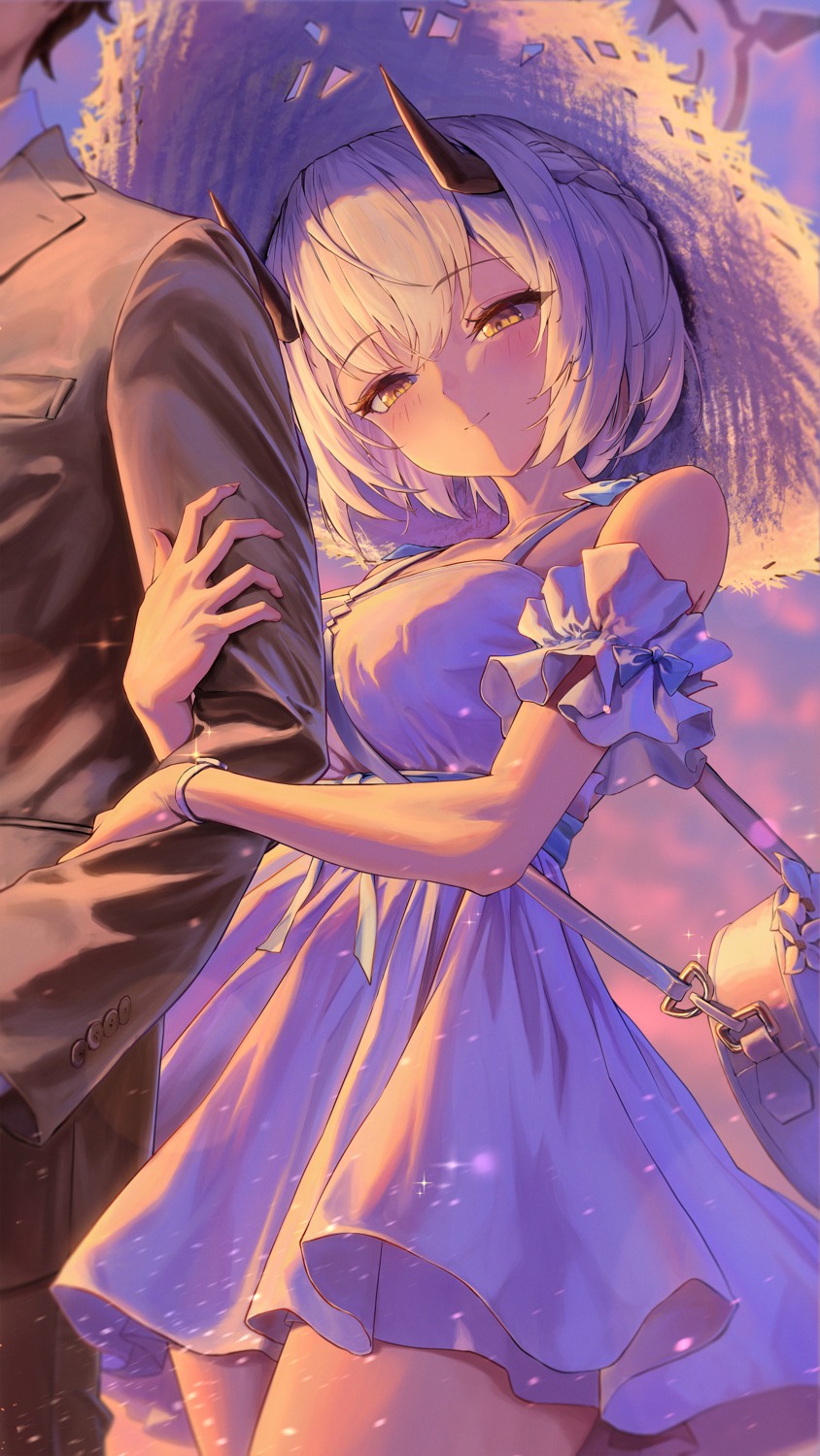 blue_archive, bocchi_(kuropom7), dress, halo, himuro_sena, horns, summer_dress