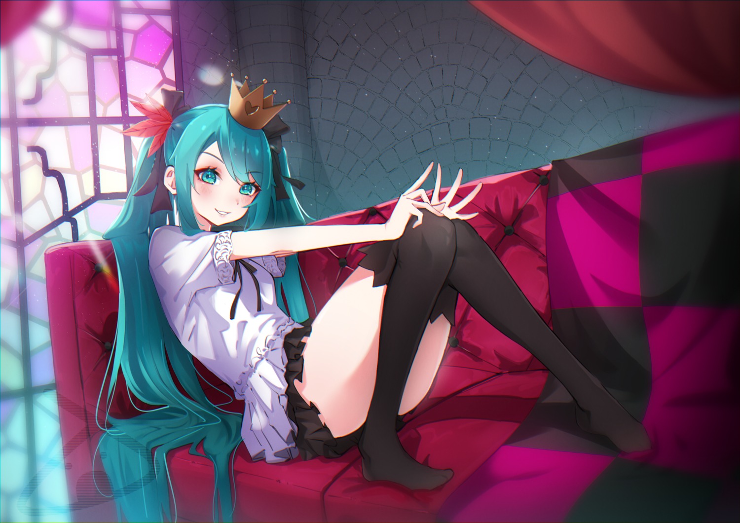 hatsune_miku, jape_(ja_pehhhh), skirt_lift, thighhighs, vocaloid, world_is_mine_(vocaloid)