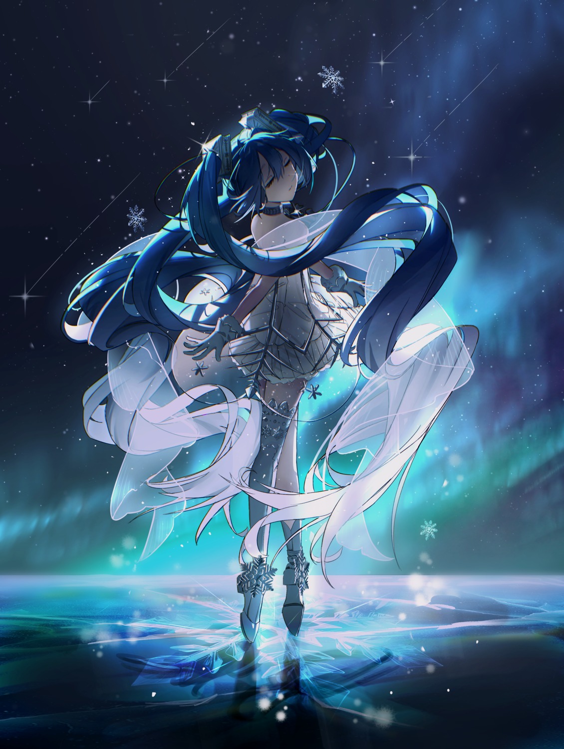 coomlee, dress, gramophone_miku, hatsune_miku, no_bra, see_through, thighhighs, vocaloid