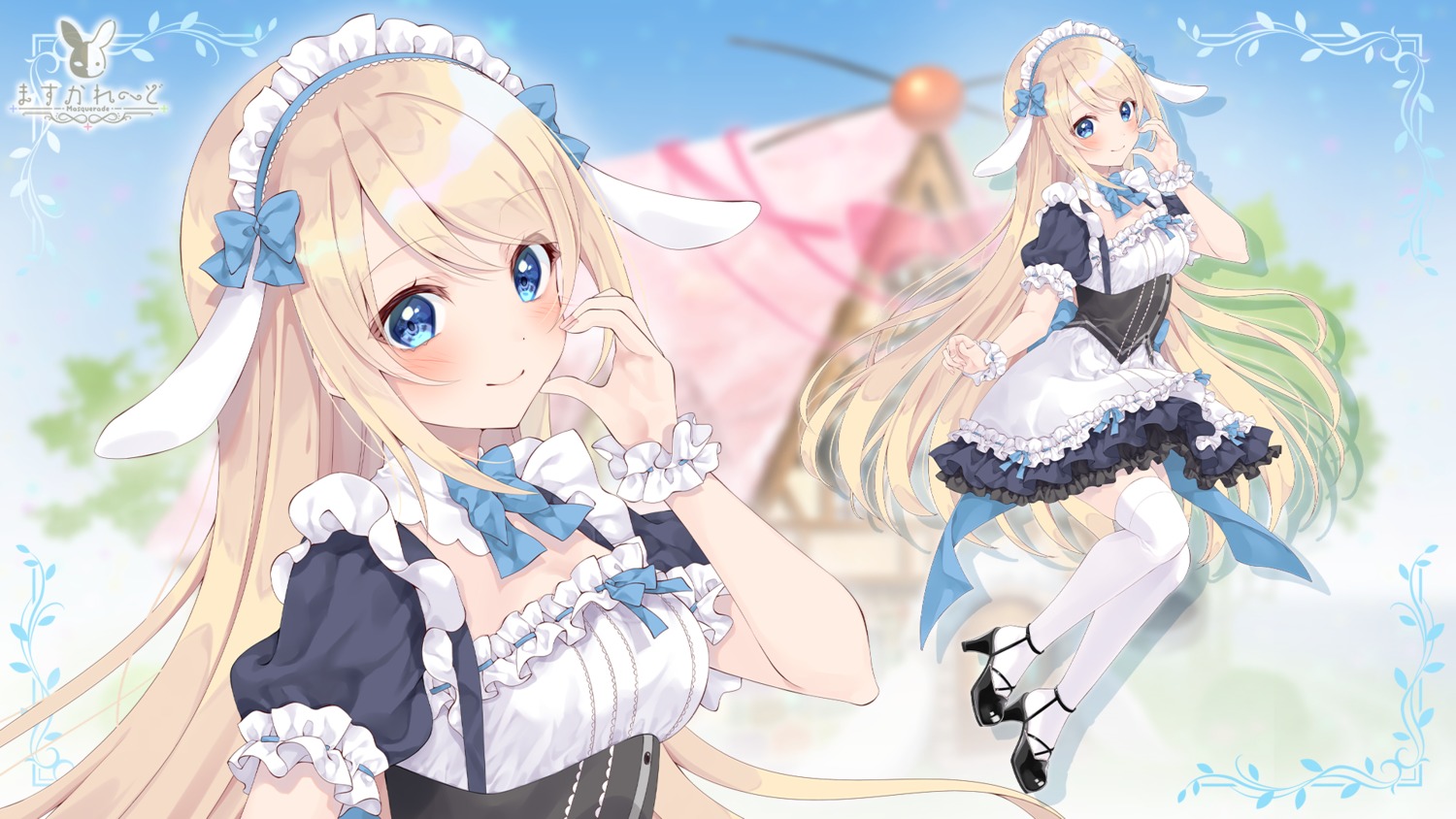 animal_ears, bunny_ears, heels, maid, masquerade, mogu_(au1127), skirt_lift, thighhighs