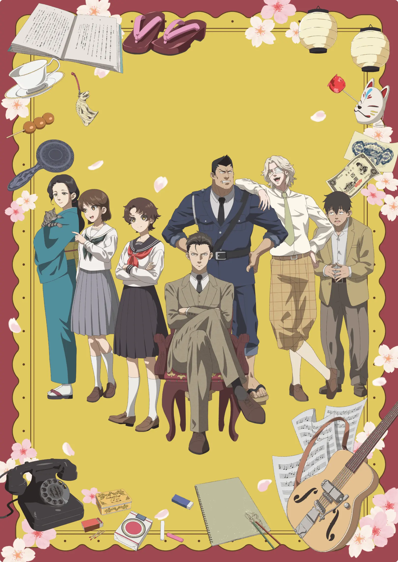 business_suit, chuuzenji-sensei_mononoke_kougiroku_sensei_ga_nazo_wo_hodoite_shimau_kara., chuuzenji_akihiko, chuuzenji_atsuko, chuuzenji_chizuko, enokizu_reijirou, eyepatch, guitar