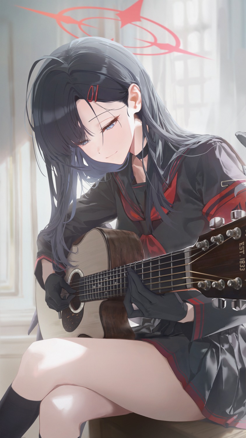angel, blue_archive, guan_byeol, guitar, nakamasa_ichika, seifuku, skirt_lift, wings