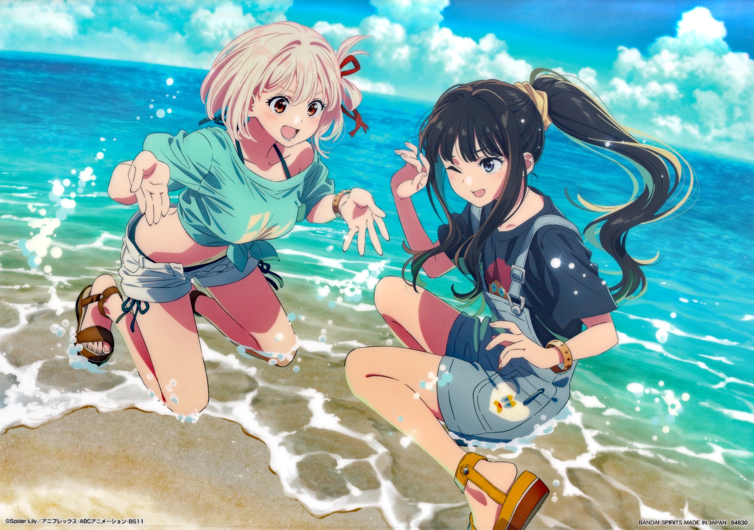 bikini, inoue_takina, lycoris_recoil, nishikigi_chisato, overalls, swimsuits, tagme, wet