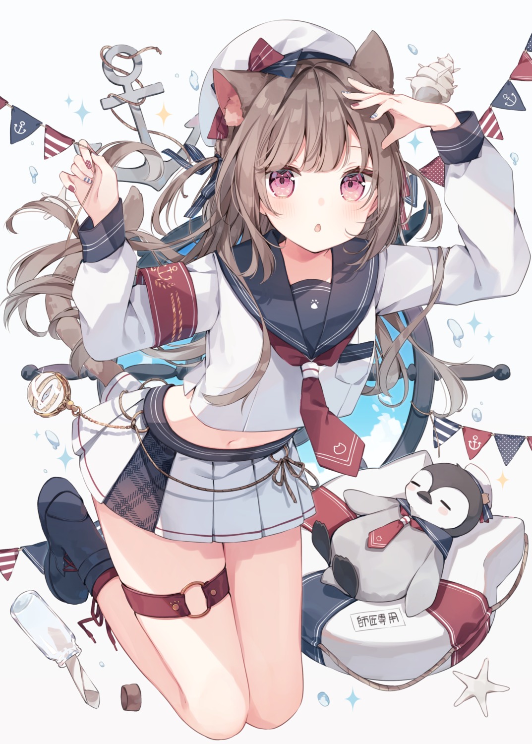 animal_ears, garter, nekomimi, penguin, pirose, seifuku, skirt_lift, tail