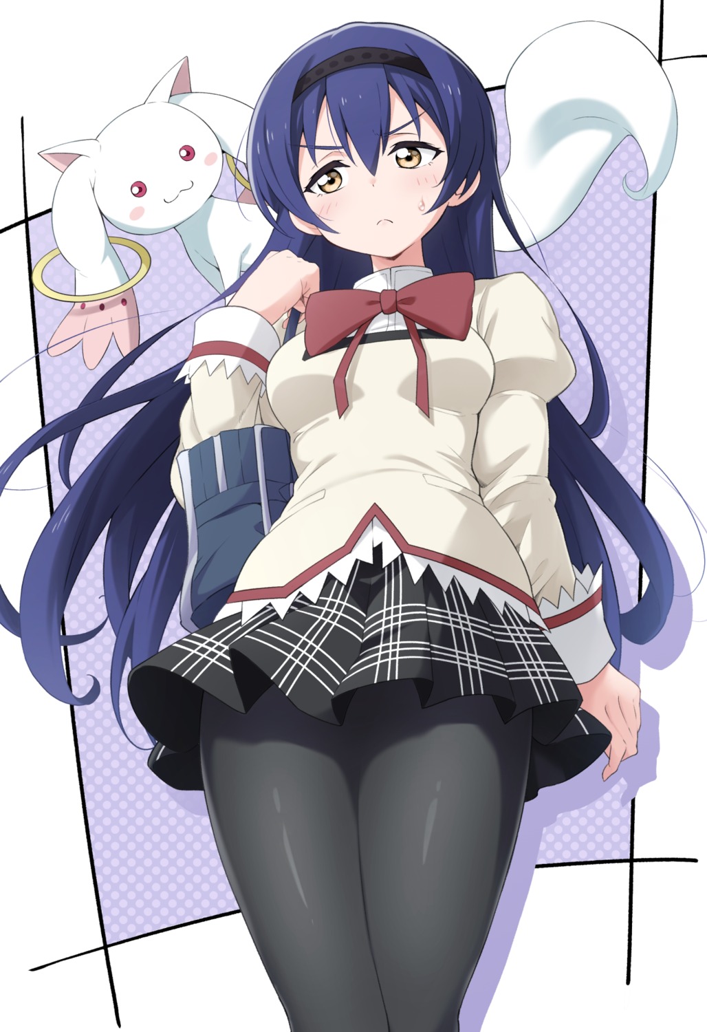 akemi_homura, cosplay, crossover, kirisaki_reina, kyubey, love_live!, love_live!_(series), mahou_shoujo_madoka_magica, pantyhose, seifuku, skirt_lift, sonoda_umi
