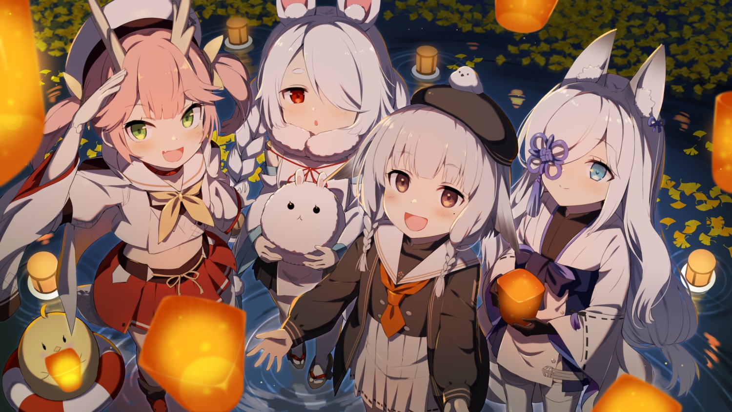 animal_ears, azur_lane, bunny_ears, gotyou, horns, kasumi_(azur_lane), kazagumo_(azur_lane), manjuu_(azur_lane), pantyhose, ryuujou_(azur_lane), seifuku, shirayuki_(azur_lane), wallpaper