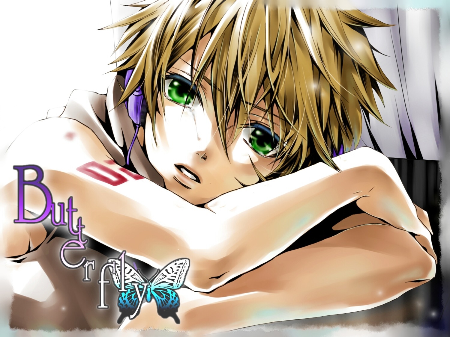 hakuseki, headphones, kagamine_len, male, migikata_no_chou_(vocaloid), vocaloid