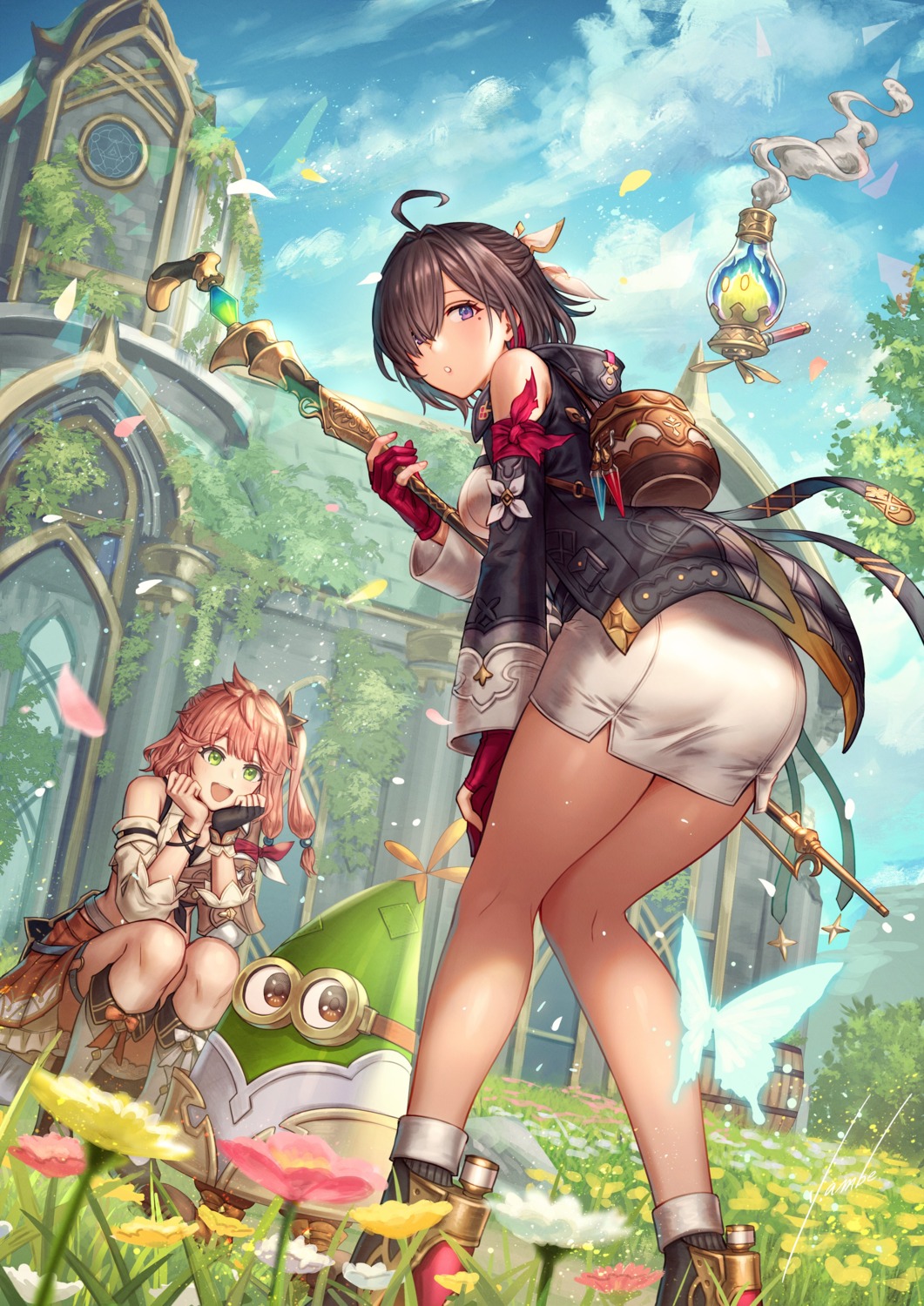 anbe_yoshirou, ass, atelier, atelier_yumia, flammi, garter, gun, heels, isla_von_duerer, koei_tecmo, skirt_lift, yumia_liessfeldt