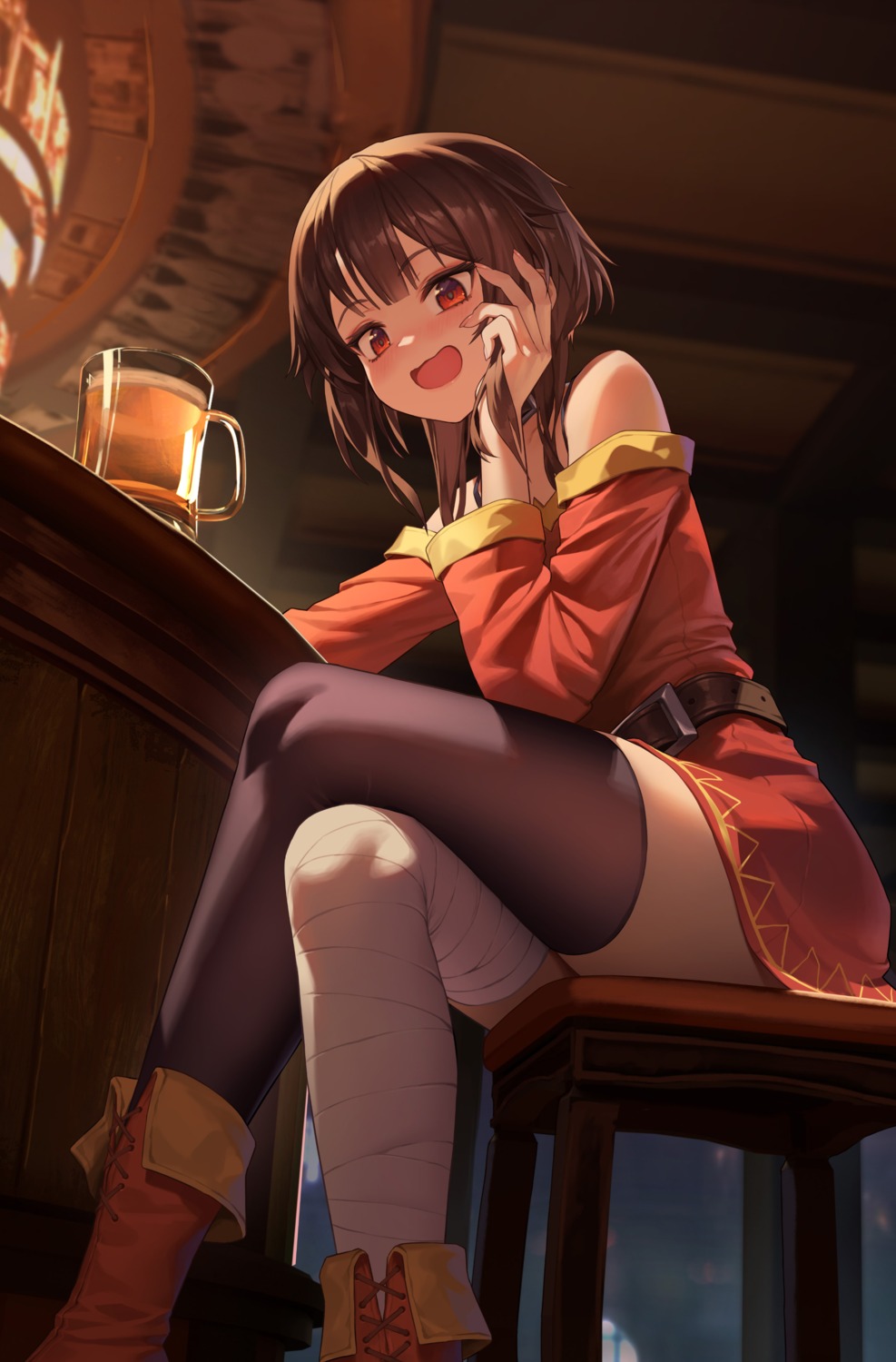bandages, dress, kono_subarashii_sekai_ni_shukufuku_wo!, megumin, skirt_lift, thighhighs, xzu