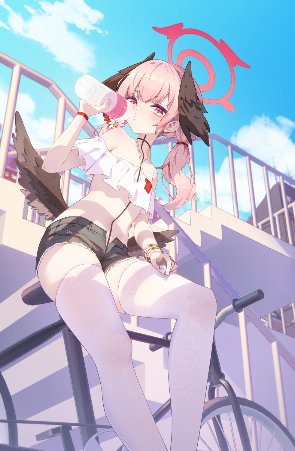 blue_archive, halo, heiyizhushenxia, no_bra, shimoe_koharu, thighhighs, torn_clothes, wings