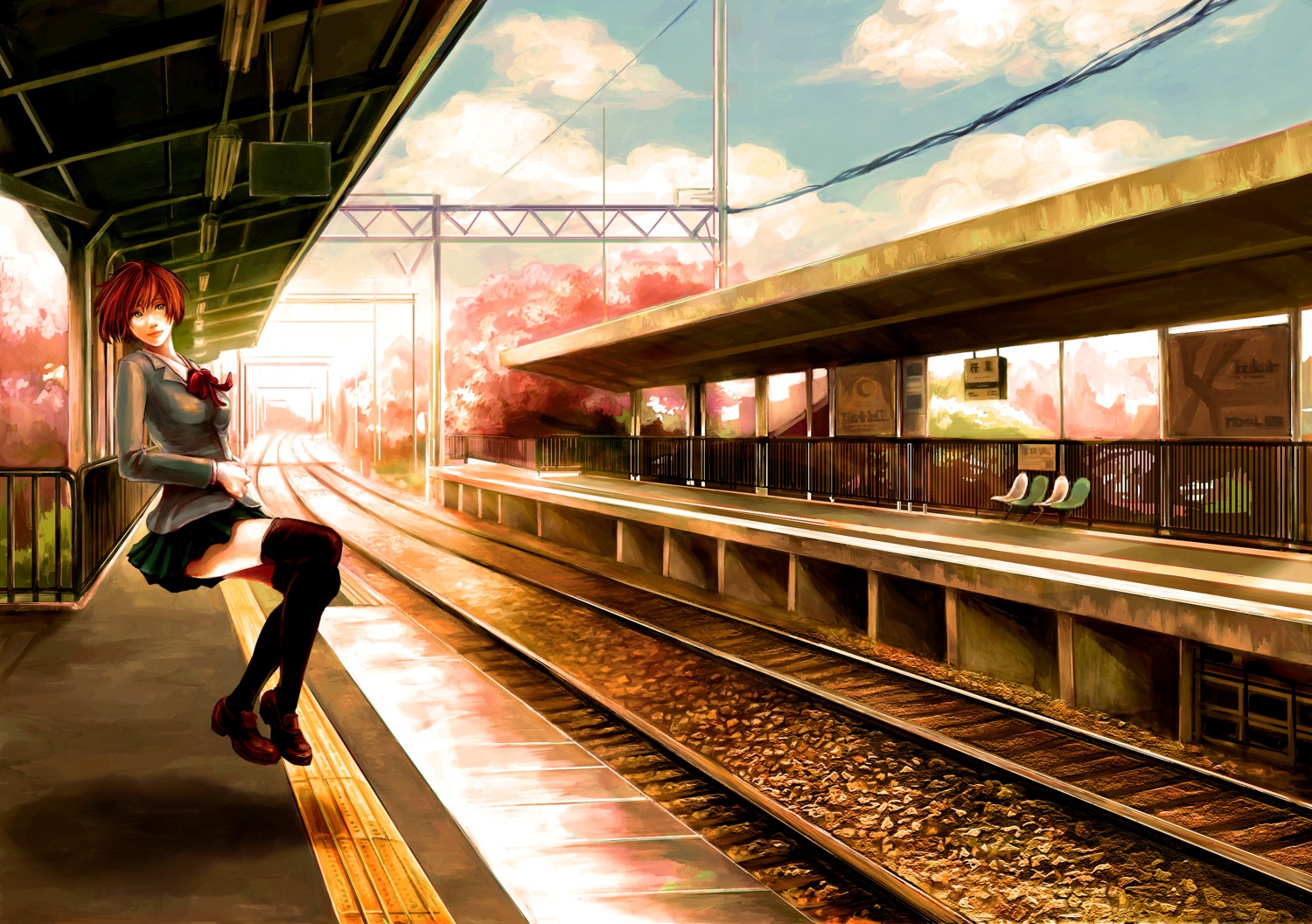 landscape, seifuku, thighhighs, tsuyomaru