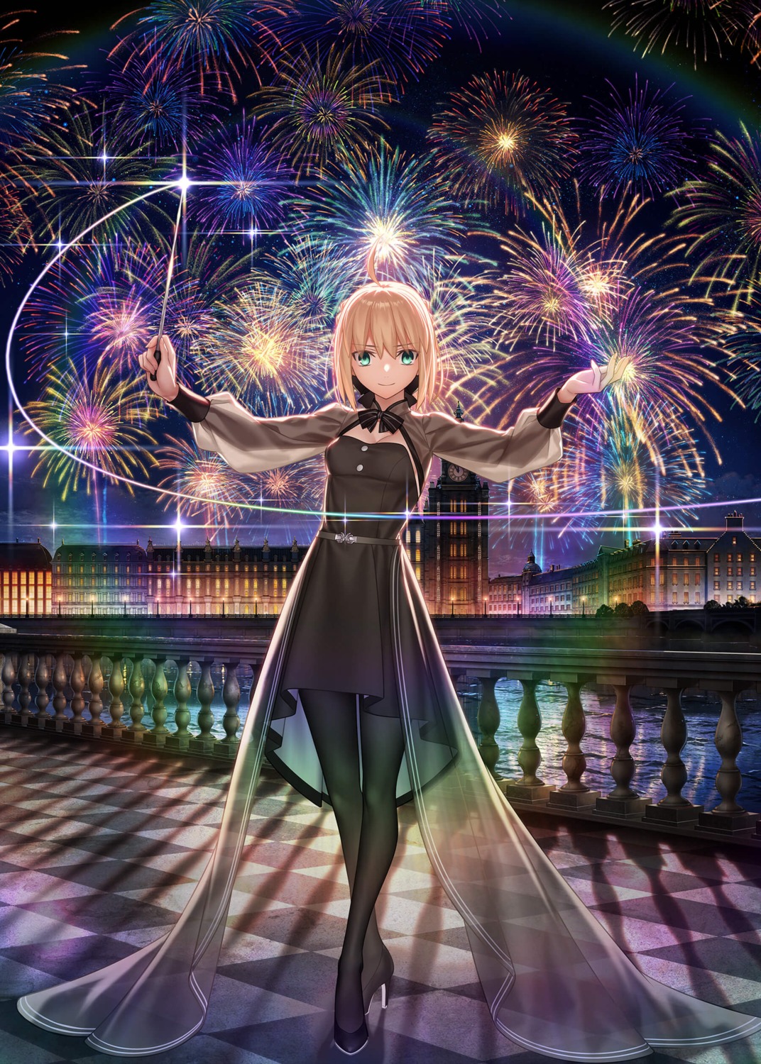 artoria_pendragon_(fate), dress, fate/stay_night, heels, no_bra, pantyhose, see_through, takeuchi_takashi