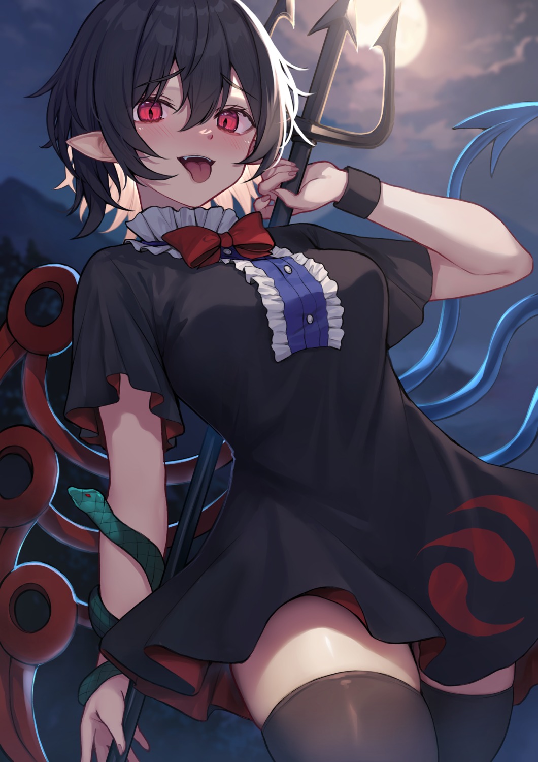 dress, houjuu_nue, pointy_ears, skirt_lift, thighhighs, touhou, weapon, wings, wowoguni