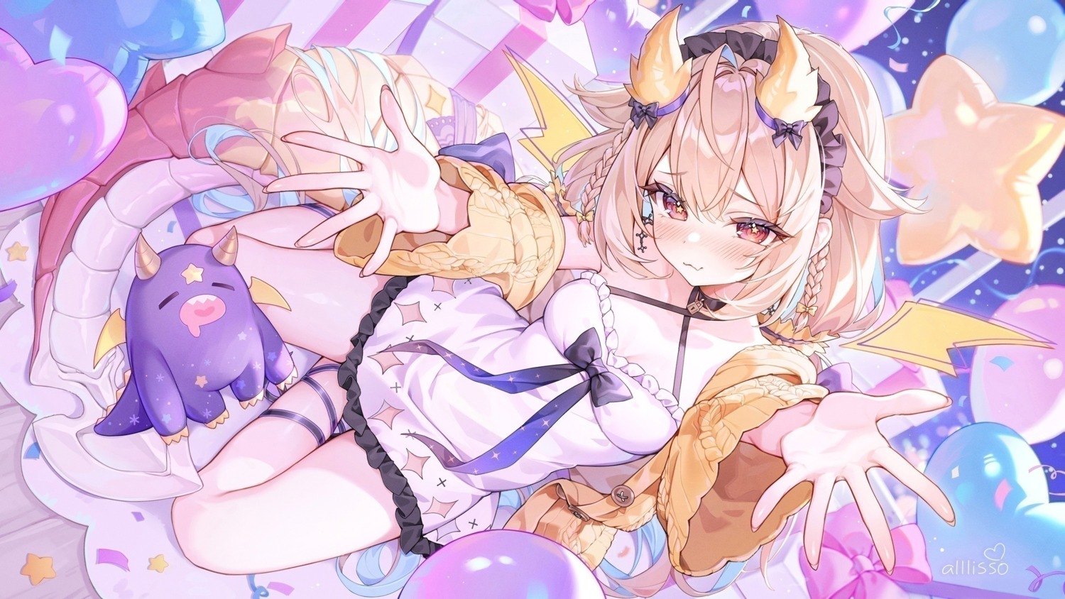 alllisso, detexted, horns, pajama, phase_connect, sweater, tail, utatane_nasa, wallpaper, wings