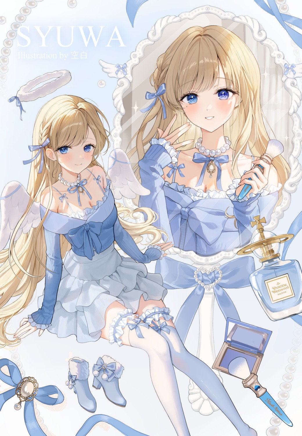 angel, garter, kuuhaku_(wutt5584), stockings, sweater, thighhighs, wings
