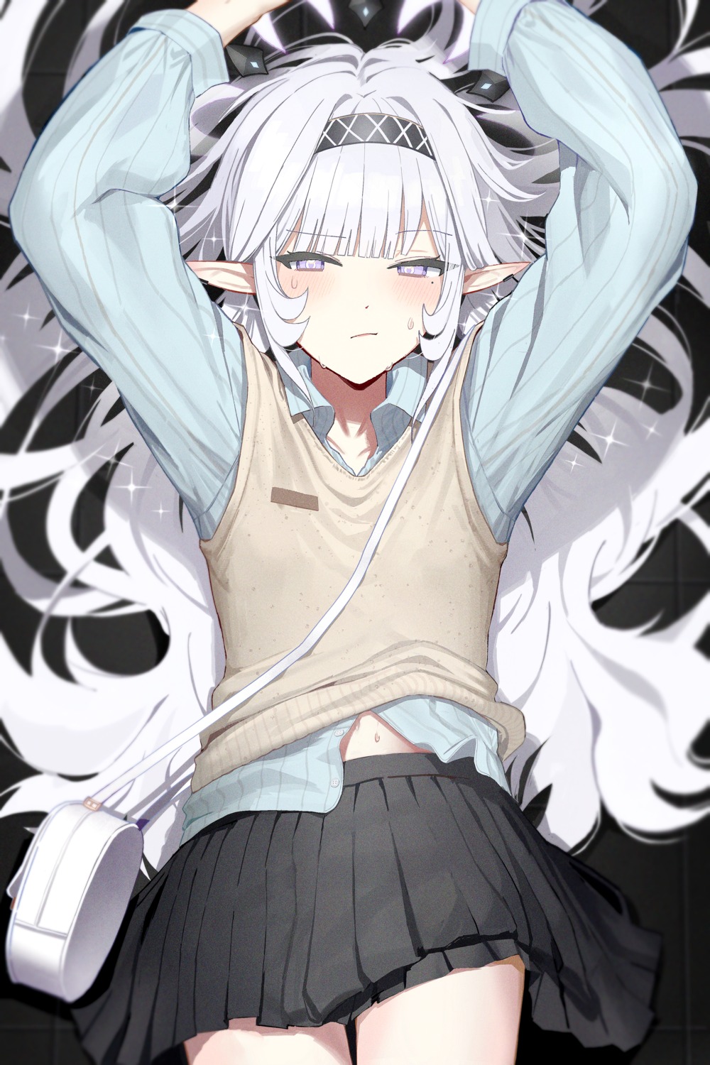 akeboshi_himari, blue_archive, halo, pointy_ears, seifuku, shirt_lift, skirt_lift, sweater