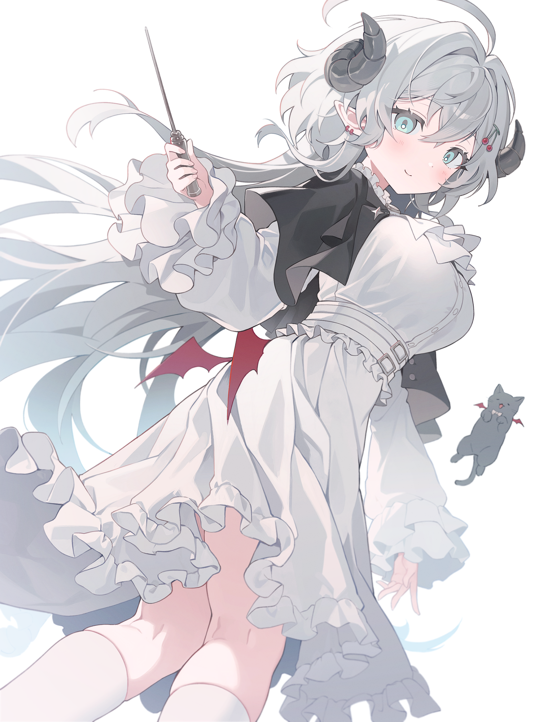 horns, lvemhrd, neko, pointy_ears, skirt_lift, weapon, wings