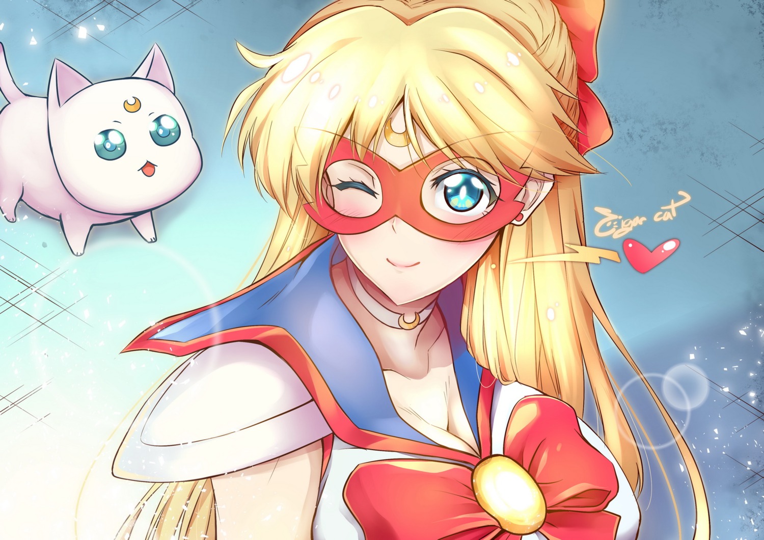 aino_minako, artemis_(sailor_moon), bishoujo_senshi_sailor_moon, cigar_cat, cleavage, codename_wa_sailor_v, neko, seifuku