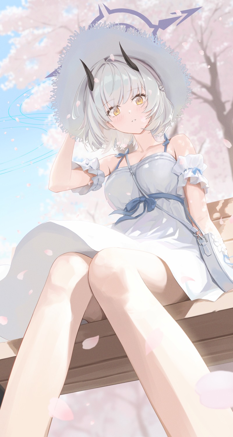 blue_archive, dixo_(user_srff3835), dress, halo, himuro_sena, horns, skirt_lift, summer_dress