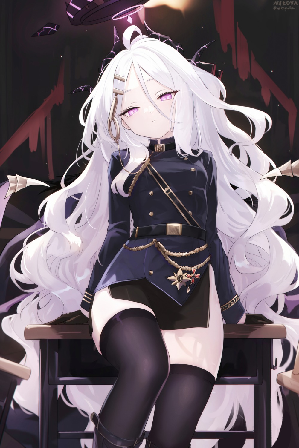 blue_archive, devil, halo, horns, nekoya_(liu), sorasaki_hina, thighhighs, uniform, wings
