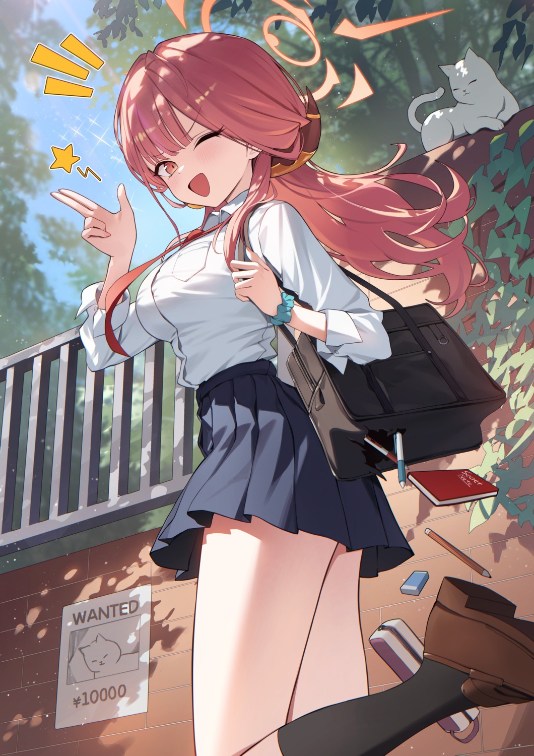 blue_archive, halo, horns, neko, okkimon, rikuhachima_aru, seifuku