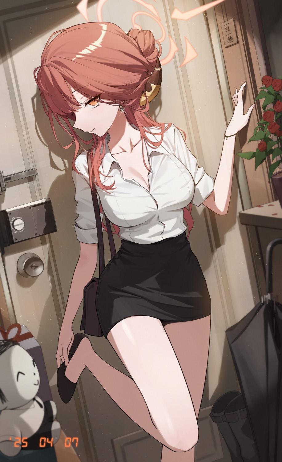 blue_archive, cleavage, dress_shirt, halo, horns, okkimon, open_shirt, rikuhachima_aru