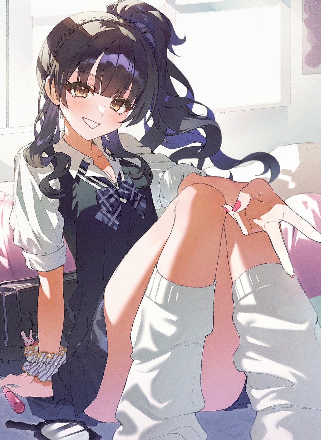 cleavage, kuripang_bbb, mayuzumi_fuyuko, open_shirt, seifuku, skirt_lift, sweater, the_idolm@ster, the_idolm@ster_shiny_colors